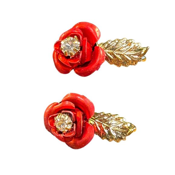 Vintage Lady Victoria Gold-Tone Red Rose Necklace & Earring Set With Rhinestone - Picture 2 of 10